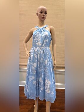 Fehaute blue & white floral halter neck chiffon midi dress lined. Zip. Size 4